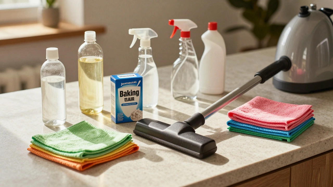 Organized display of cleaning supplies including vinegar, cloths, and tools on a kitchen counter