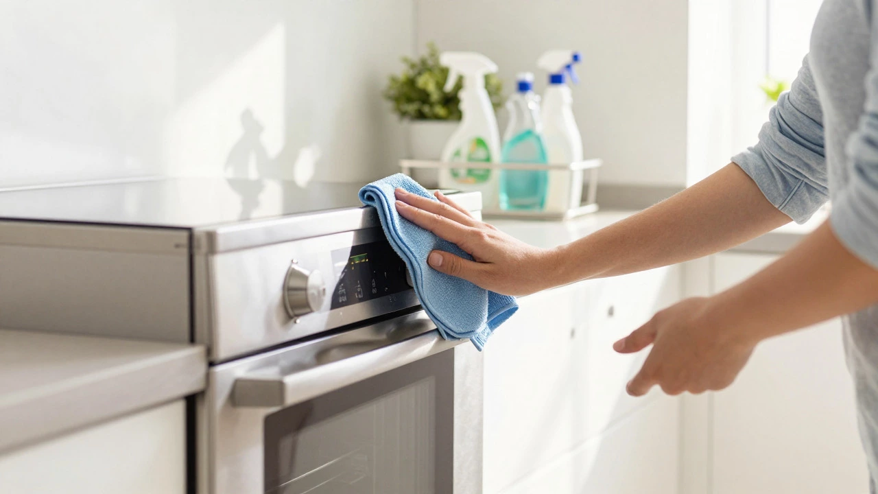 Person efficiently cleaning a bright, modern kitchen with supplies