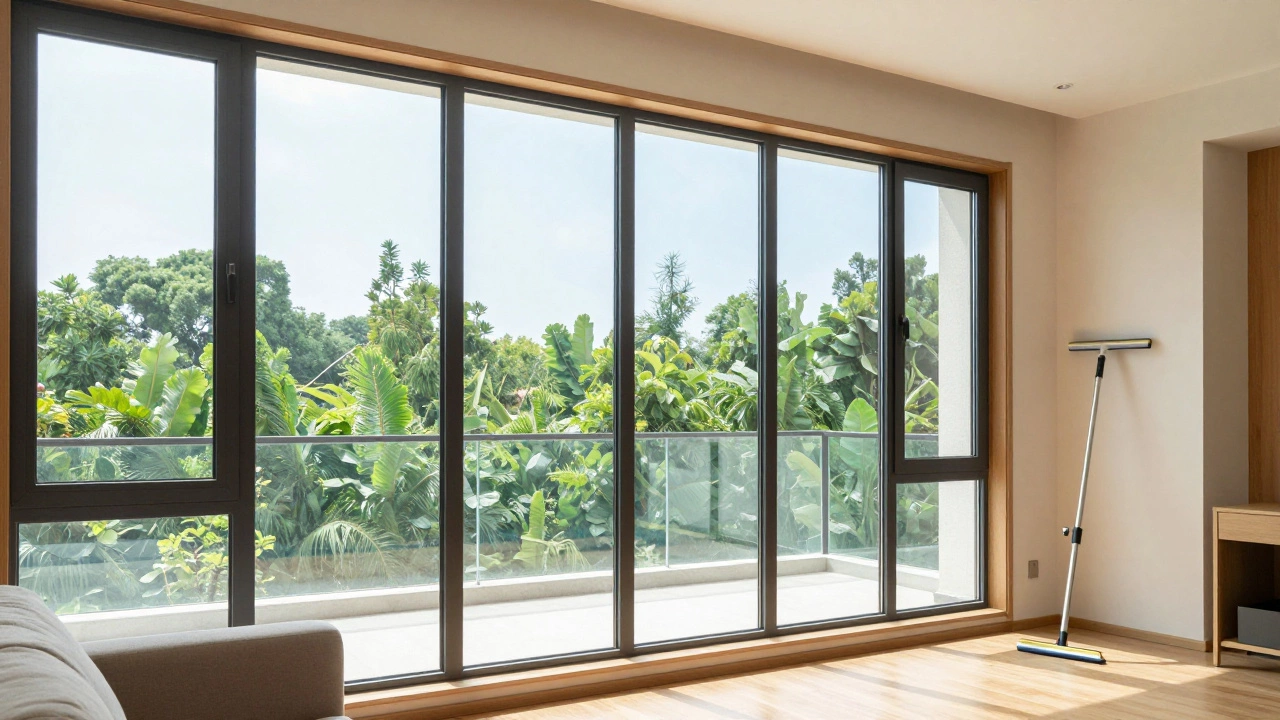Sparkling clean windows in a bright living room with a telescopic pole nearby