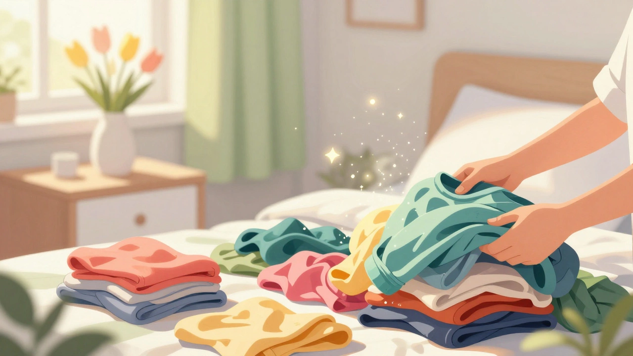 Sunlit bedroom with clothes being sorted, symbolizing mental clarity and renewal.