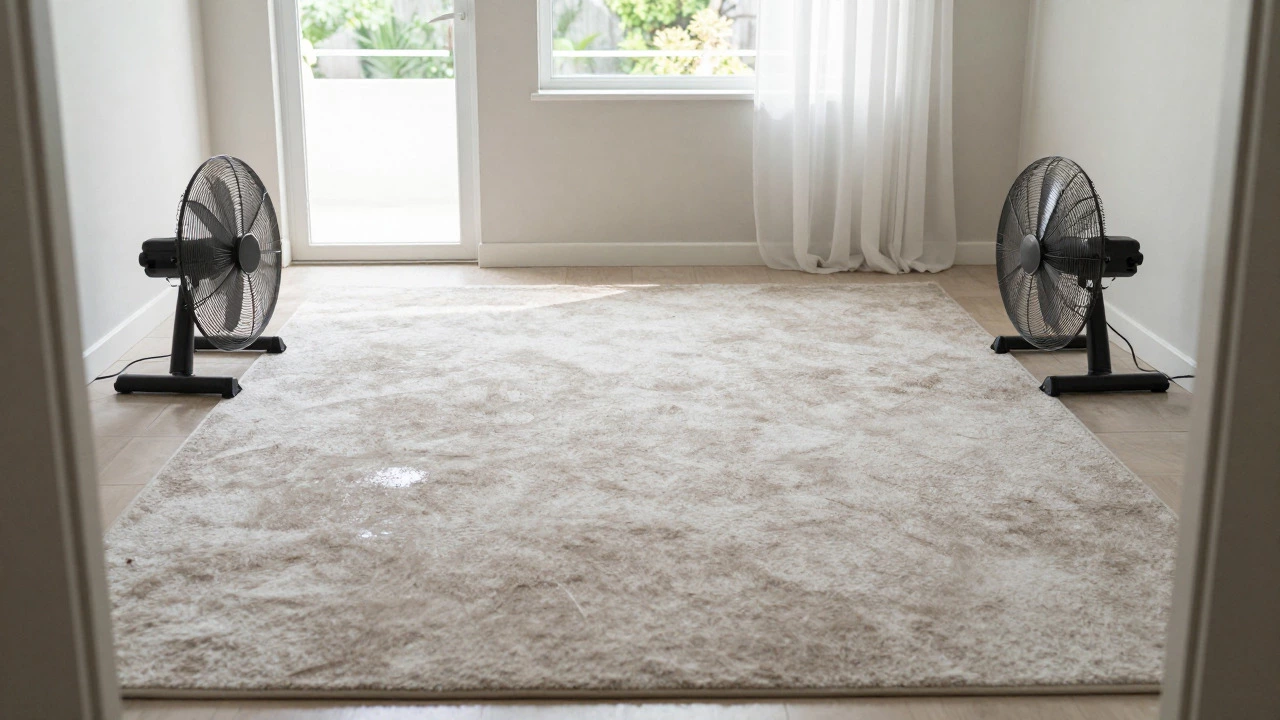 Box fans drying a freshly cleaned carpet in a room with open windows
