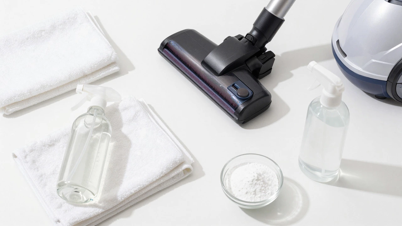 Cleaning supplies including vacuum, cloths, and soap on a white table.