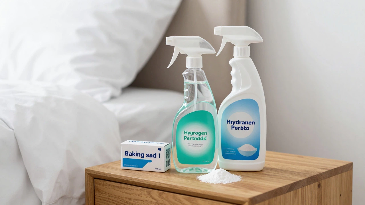 Cleaning supplies like baking soda and enzyme cleaner on nightstand