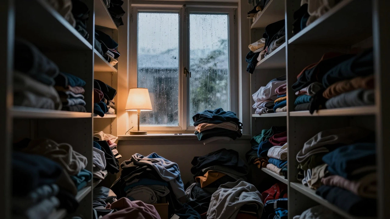 Cluttered closet view with rainy window and warm lamp