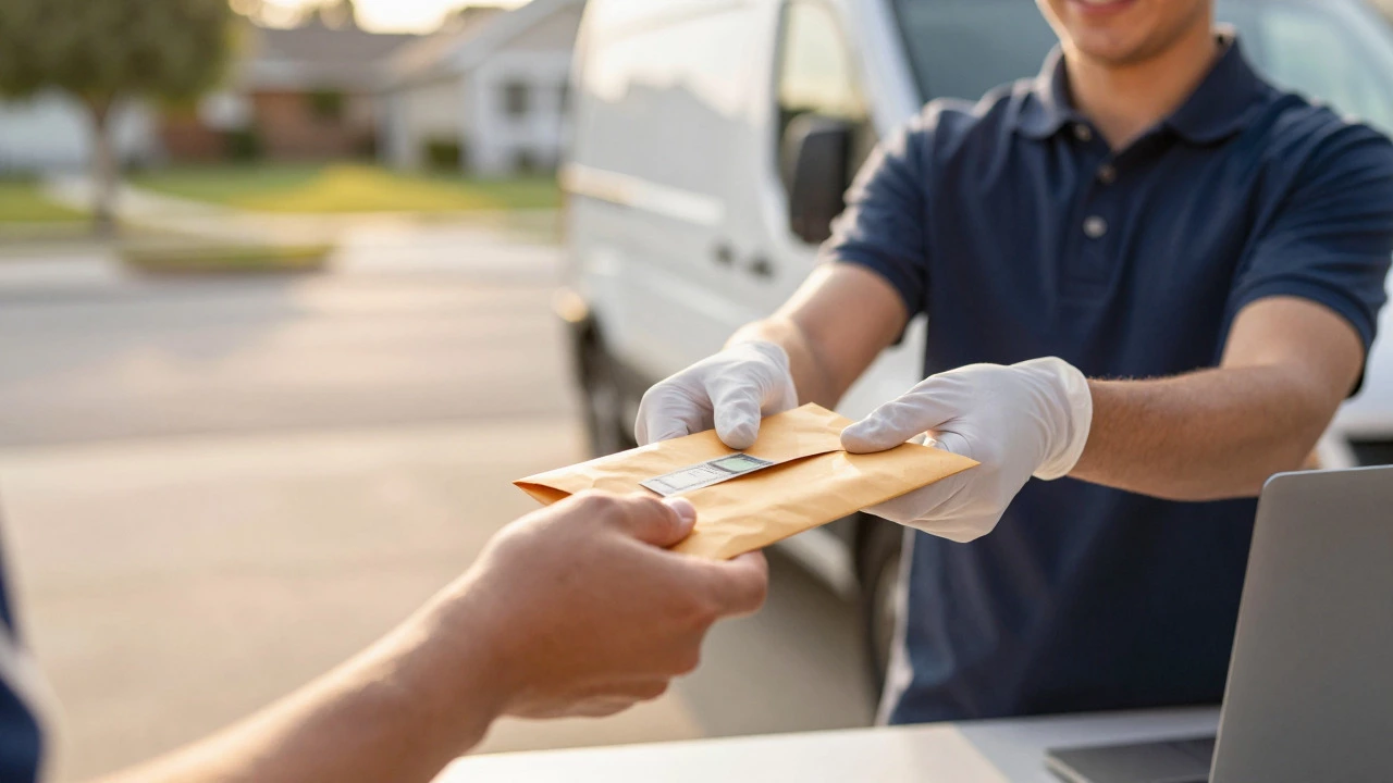 Customer handing a cash envelope to a smiling cleaner