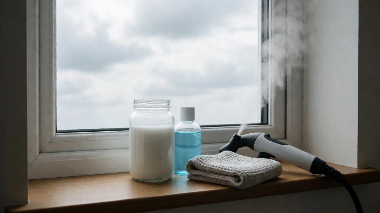 Eco-friendly window cleaning supplies including vinegar and microfiber cloths.