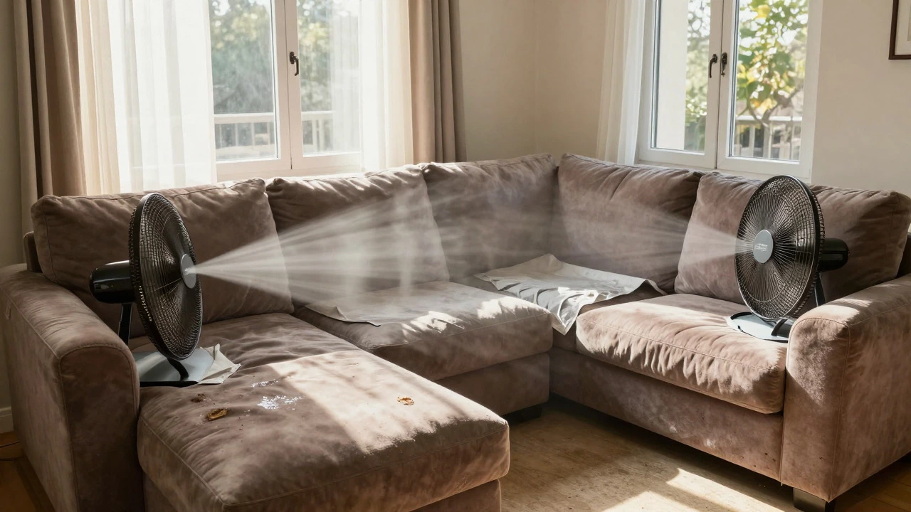 Fans drying a cleaned sofa in a sunlit living room