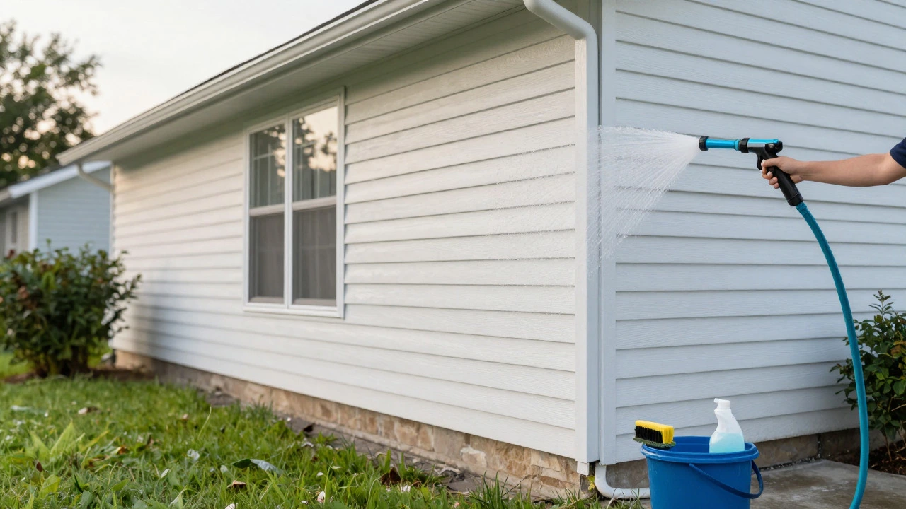 Gentle garden hose rinsing of clean vinyl siding