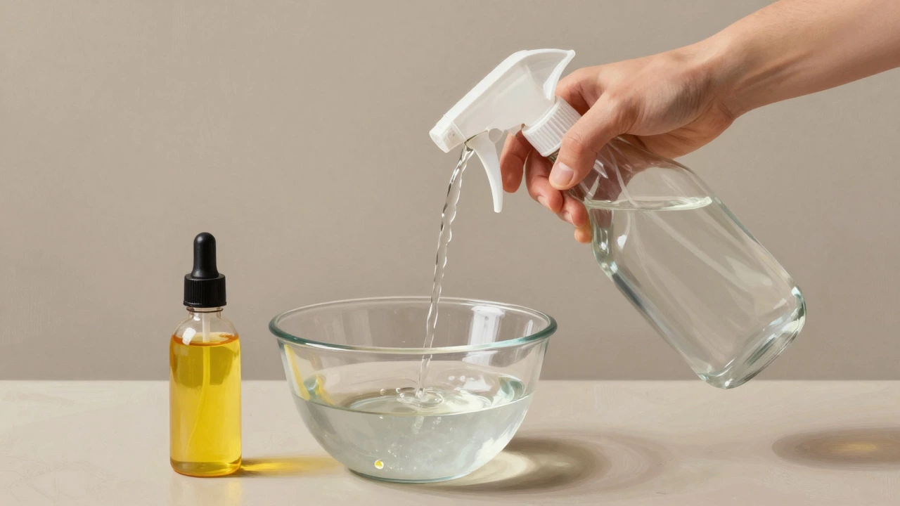 Hand adding essential oil drops to a mixture of water and vinegar in a glass bottle