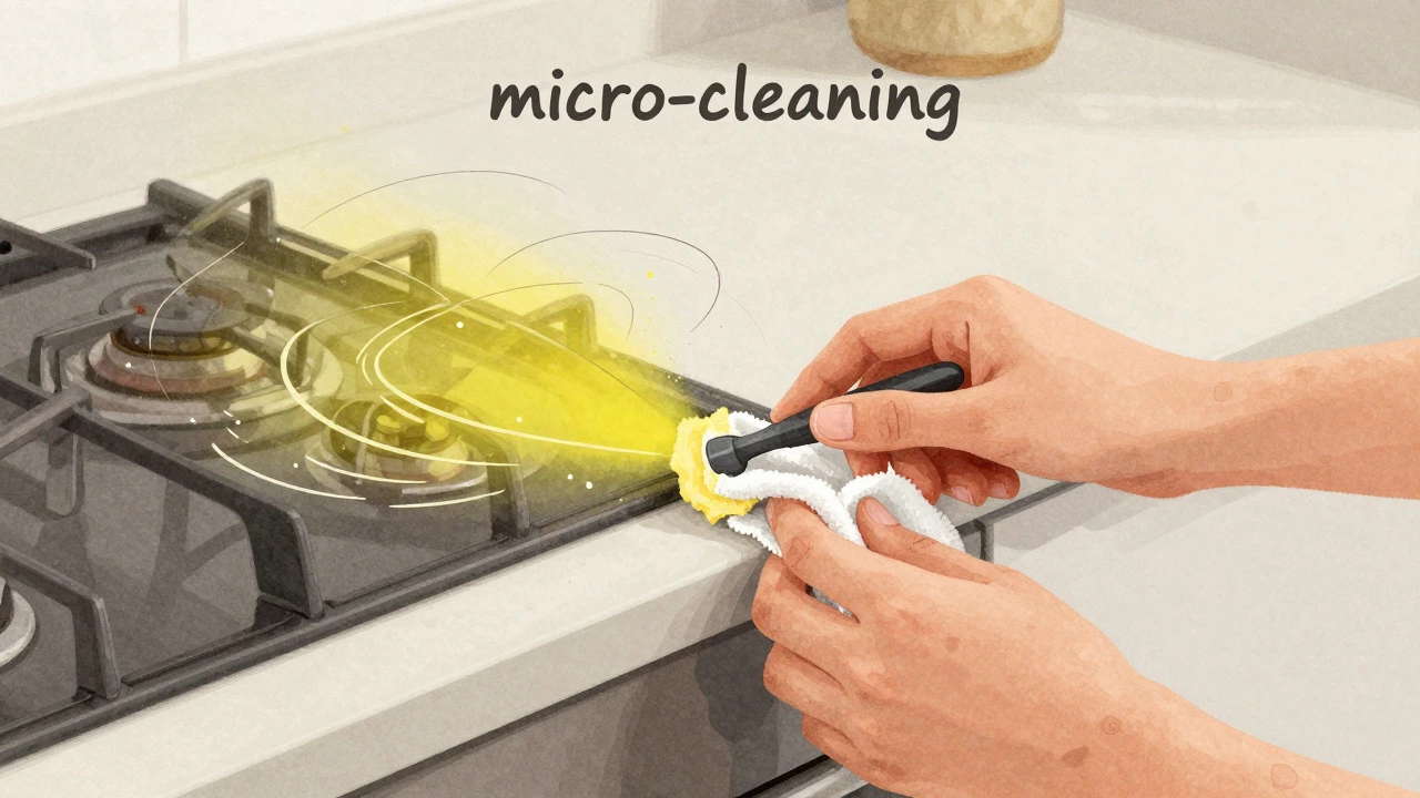 Hands performing micro-cleaning amidst abstract swirls