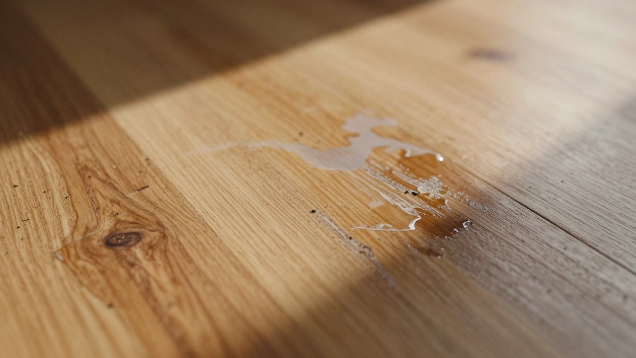 Hardwood floor with cloudy, stripped finish from acid exposure
