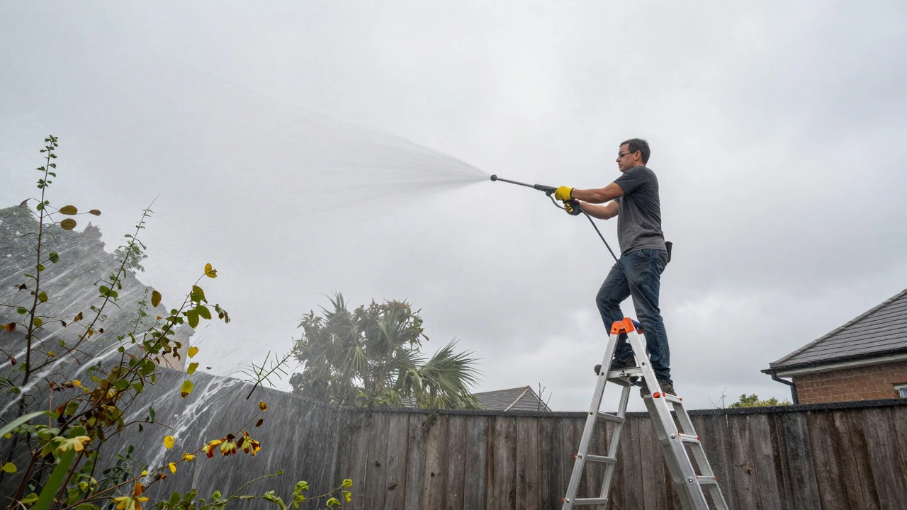 Homeowner losing control of pressure washer while on a ladder
