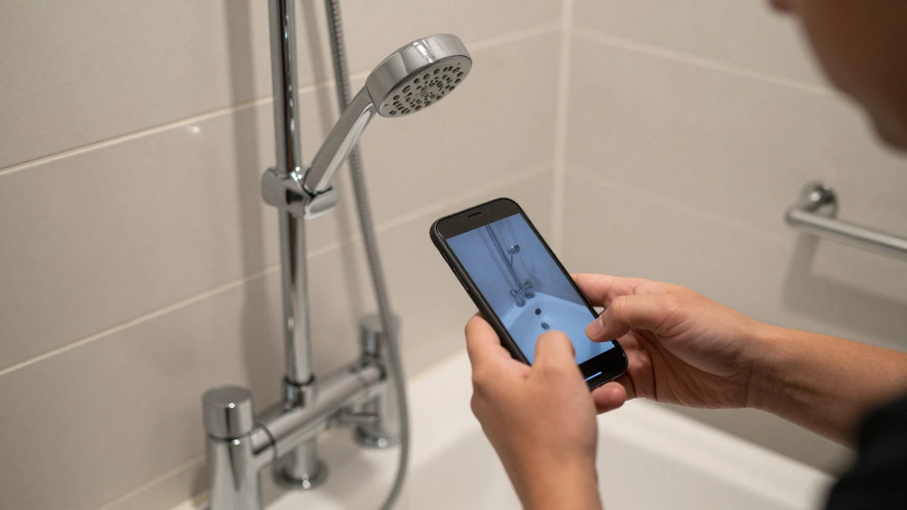 Homeowner photographing bathroom fixtures during inspection