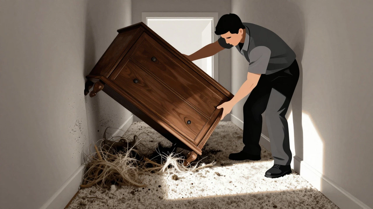 Illustration of a worker lifting heavy furniture over dirty carpet