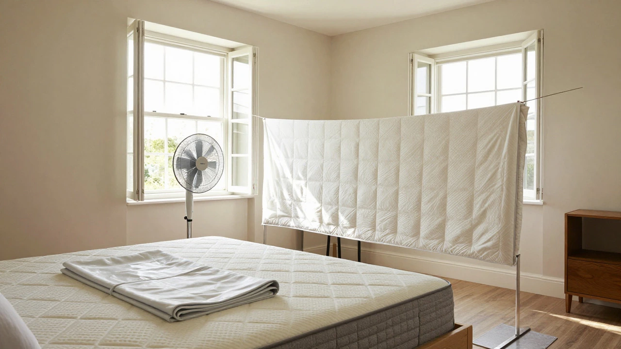 Mattress drying with fan and open windows in bright bedroom
