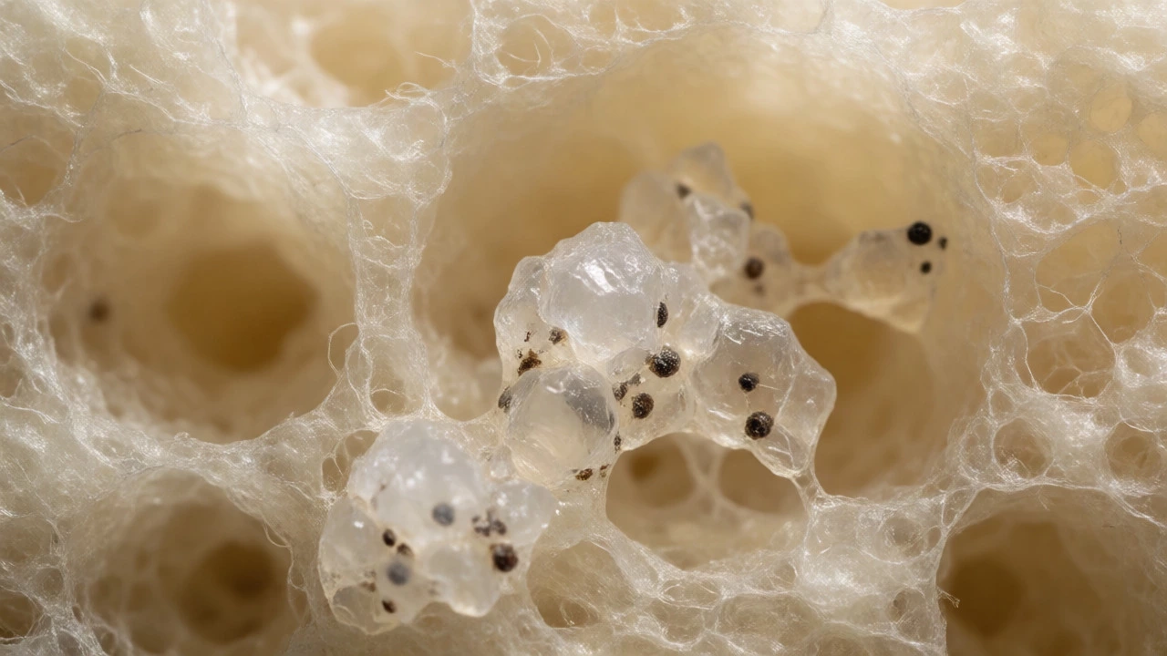 Microscopic view of uric acid crystals inside foam