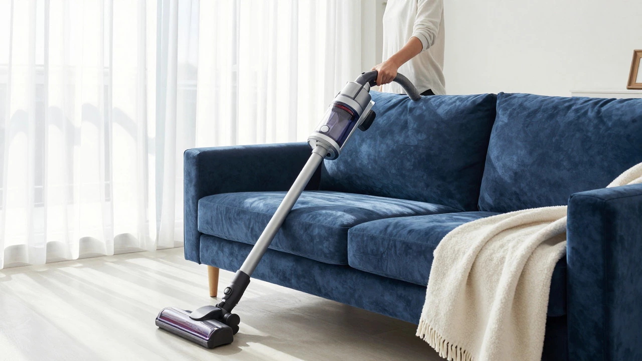 Person admiring clean velvet sofa in sunny room