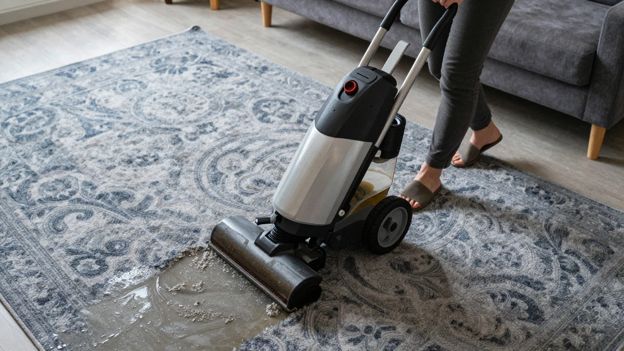 Person using a carpet extractor machine on a patterned rug in a living room