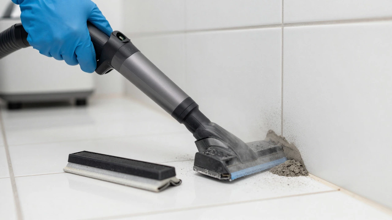 Professional using HEPA vacuum and scraper to clean bathroom tiles