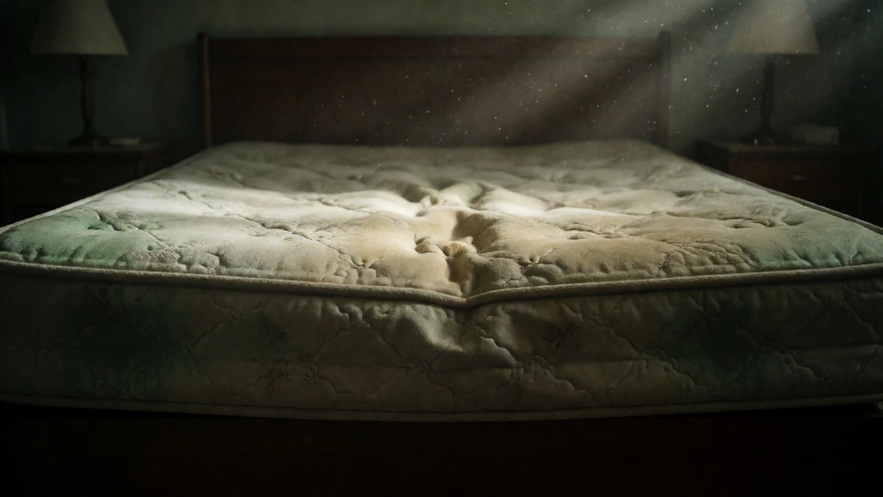 Sagging stained mattress with mold growth in dim room
