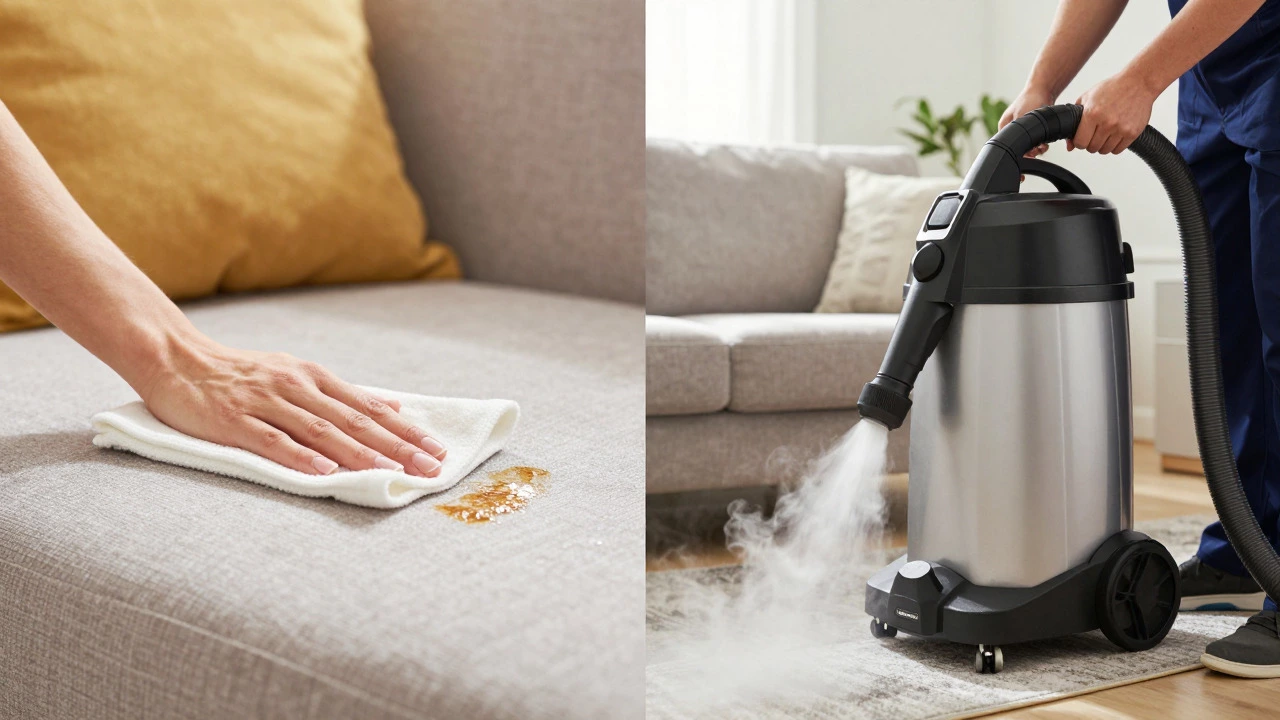 Split view of DIY blotting versus professional steam cleaning a sofa.