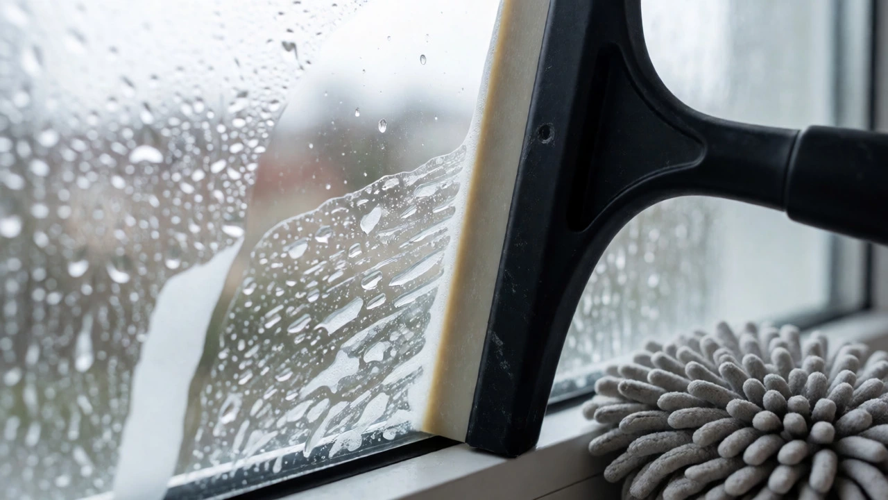 Squeegee removing soapy water from a window to reveal clear glass.