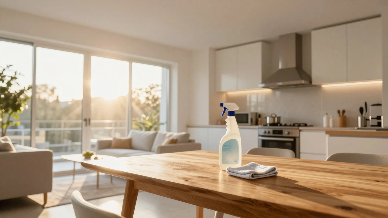 Sunlit, spotless modern home interior reflecting clean glass and polished surfaces