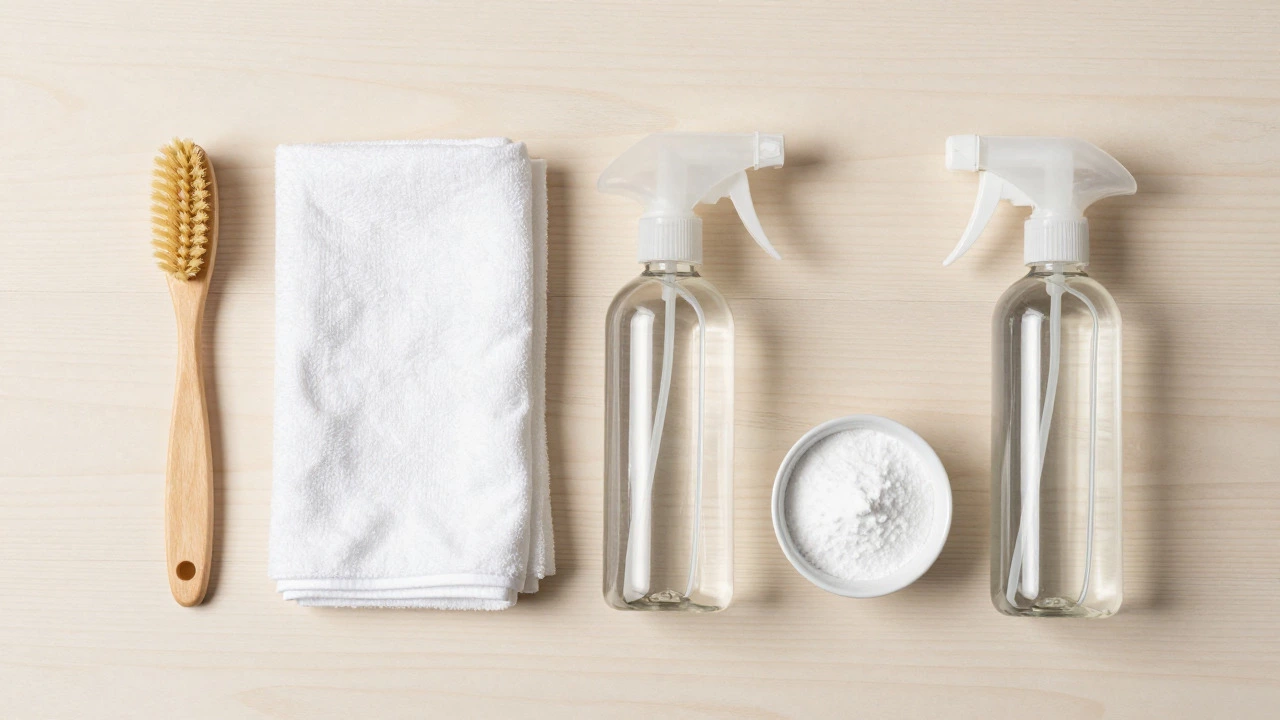 White microfiber cloths and cleaning tools on wood