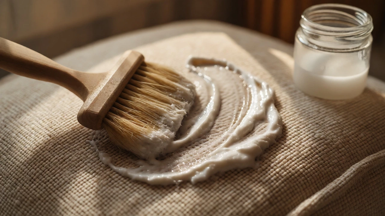 A brush applying a baking soda paste to a cotton cushion to lift stubborn stains.