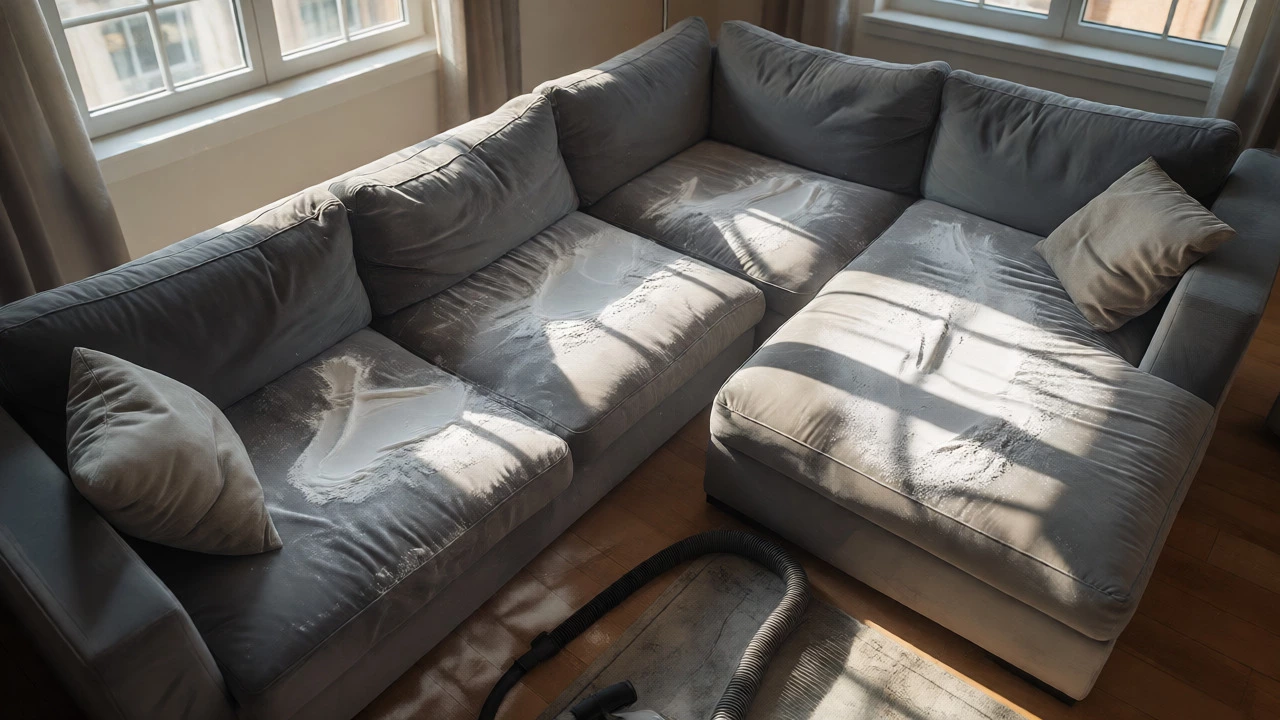 A large grey sectional sofa fully covered in a layer of baking soda for odour removal.