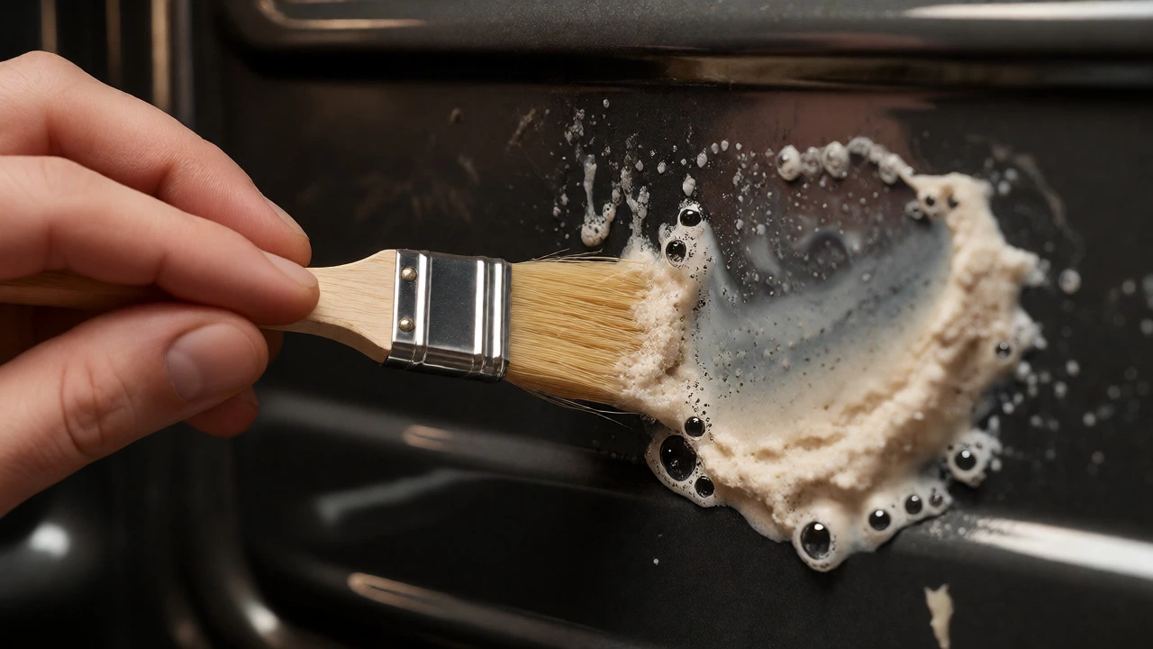 Applying dishwasher tablet paste to oven walls