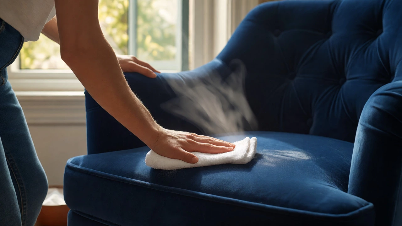 Blotting navy velvet armchair with microfiber cloth near window