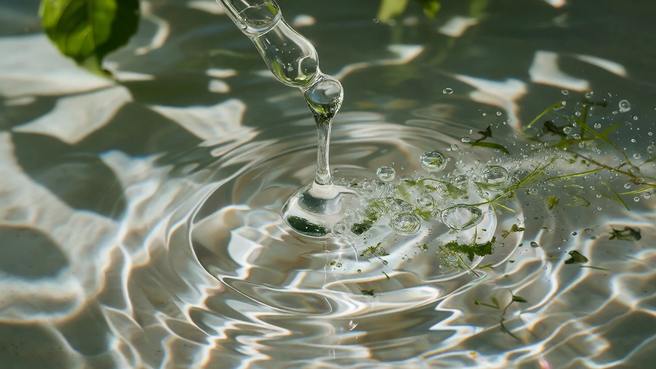 Clear cleaning liquid dropping into a stream, symbolizing rapid biodegradation and water safety.
