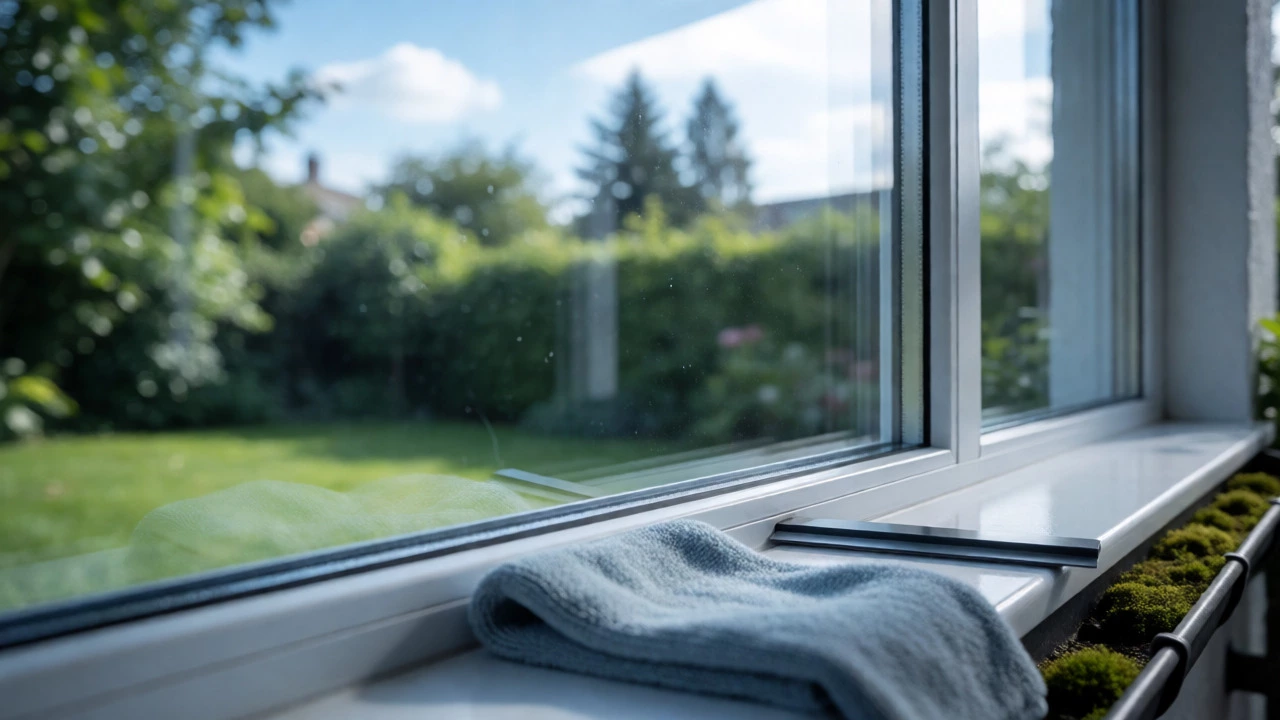 Close-up of a spotless, streak-free window pane reflecting a garden, showcasing professional results.