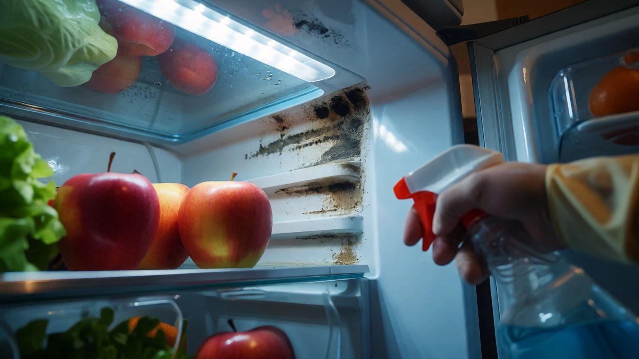 Close-up of dirty refrigerator door seals with mold next to fresh food items.