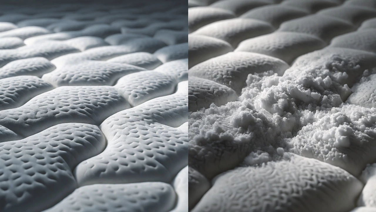 Comparison of clean mattress versus clumpy baking soda residue buildup