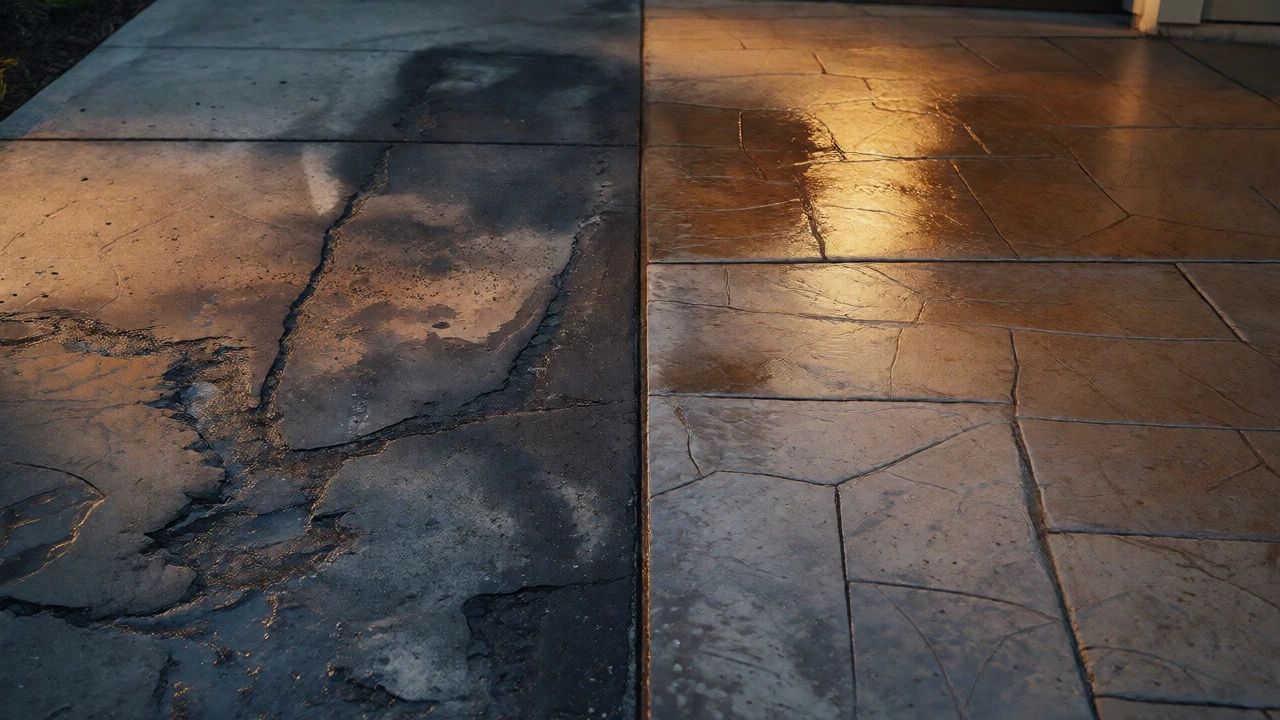 Comparison of damaged asphalt versus softly washed stamped concrete surfaces.