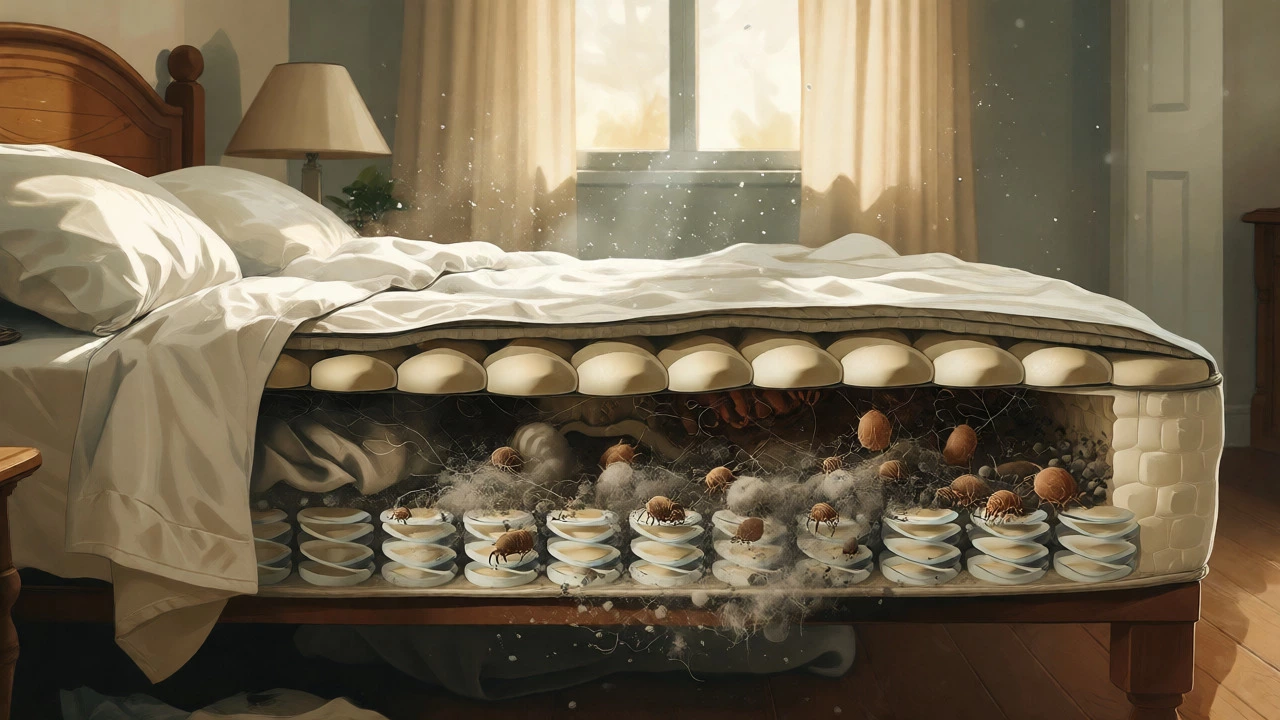 Cross-section of a mattress revealing dust mites and debris beneath clean sheets.