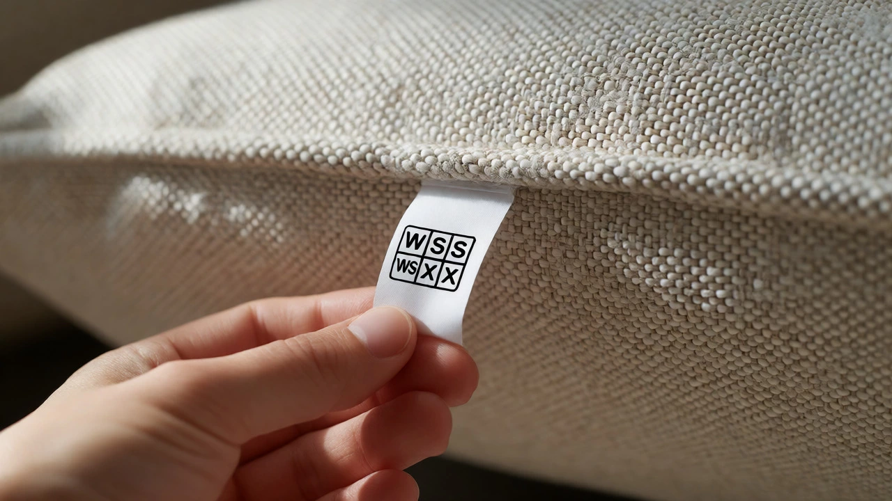 Hand checking care tag on hidden couch cushion seam