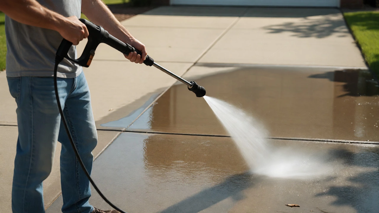 Homeowner using a pressure washer at a safe distance with a wide-angle nozzle.