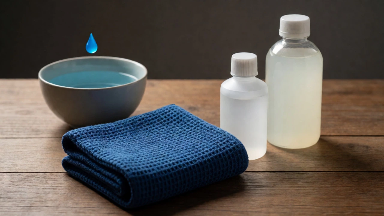 Microfiber cloth, vinegar, and alcohol arranged as window cleaning supplies