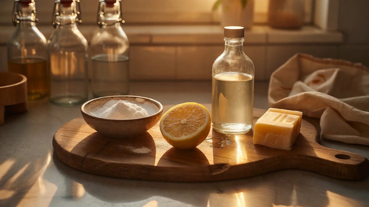 Natural DIY cleaning ingredients like baking soda, lemon, and soap arranged on a wooden counter.