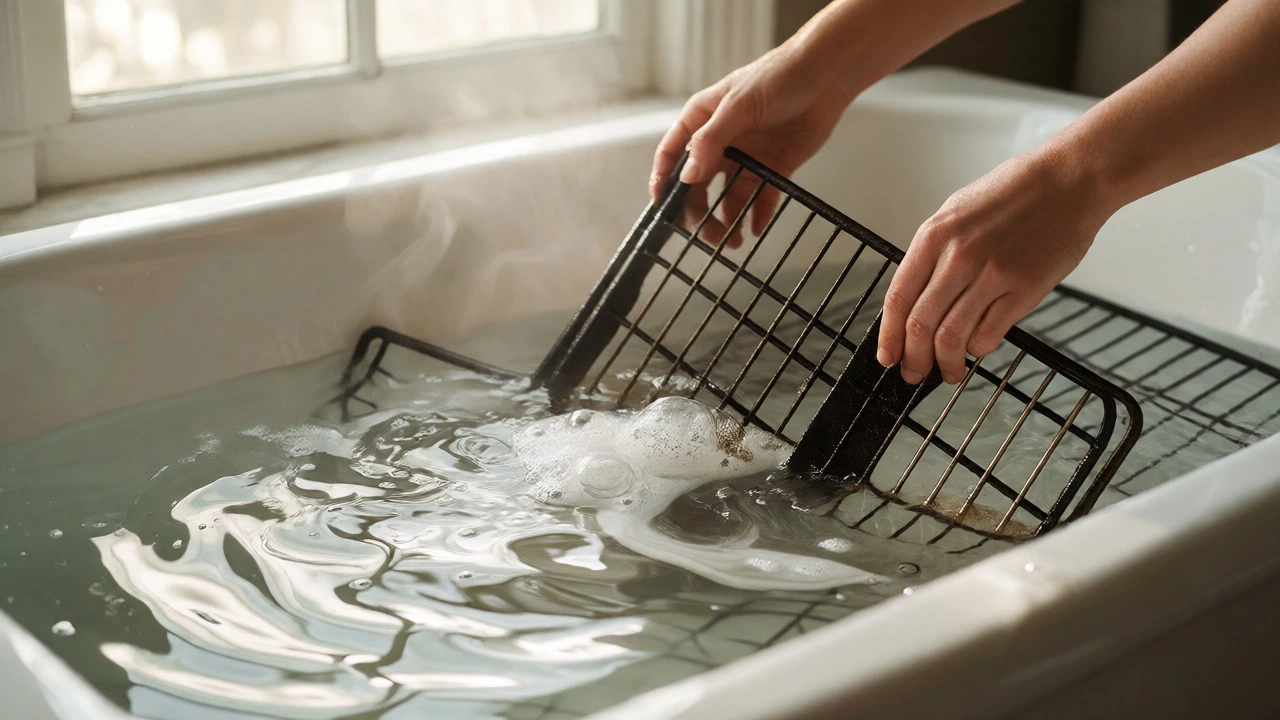 Oven racks soaking in hot water with dissolved tablet