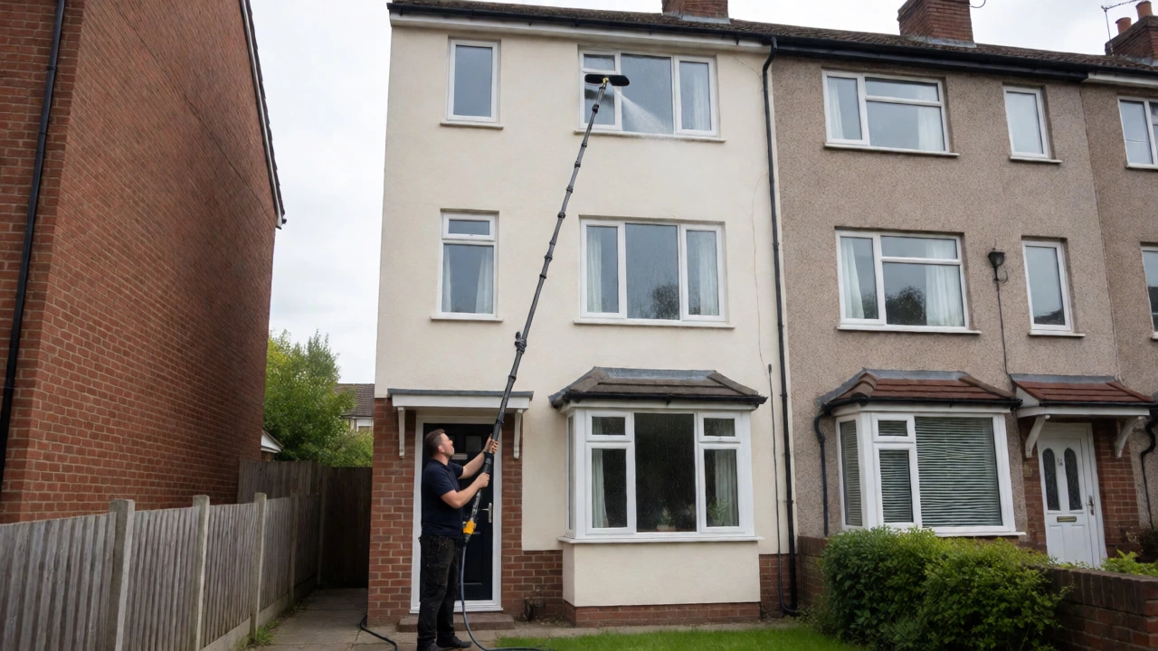 Professional cleaner using a water-fed pole to safely clean high windows on a multi-story home.