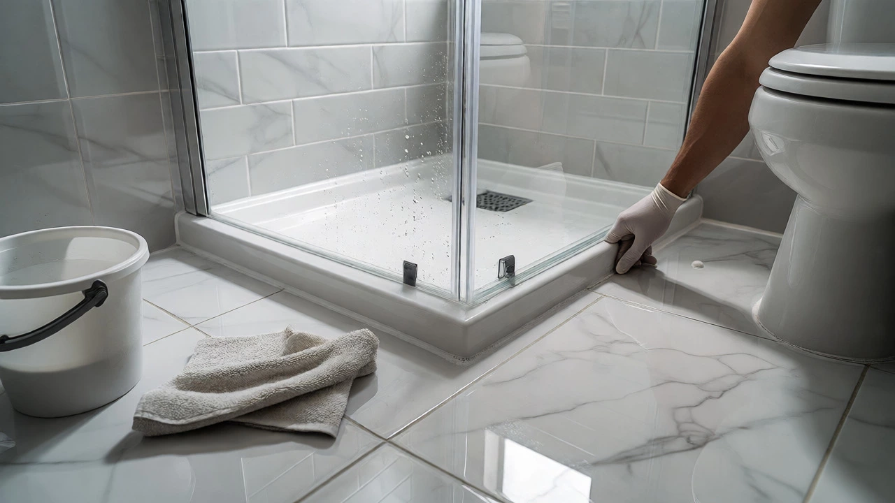 Spotless shower screen and clean tiles inspected by gloved hand