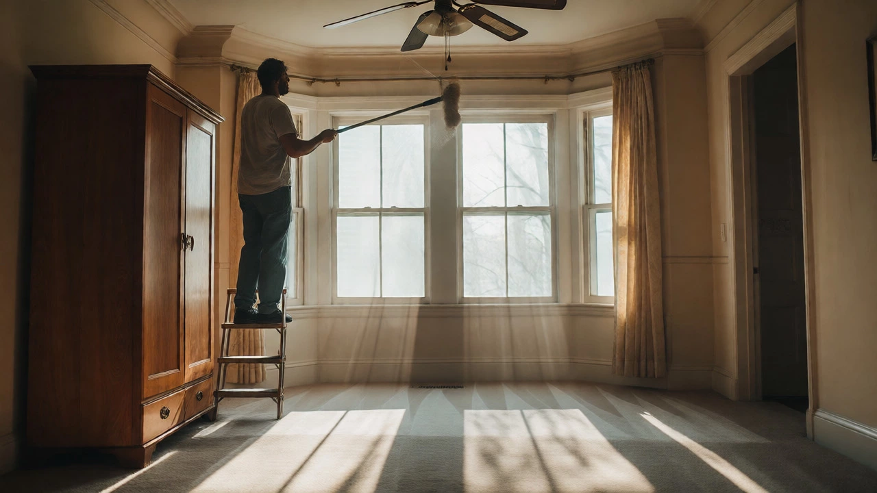 Tenant dusting top of wardrobe and ceiling fans on a ladder