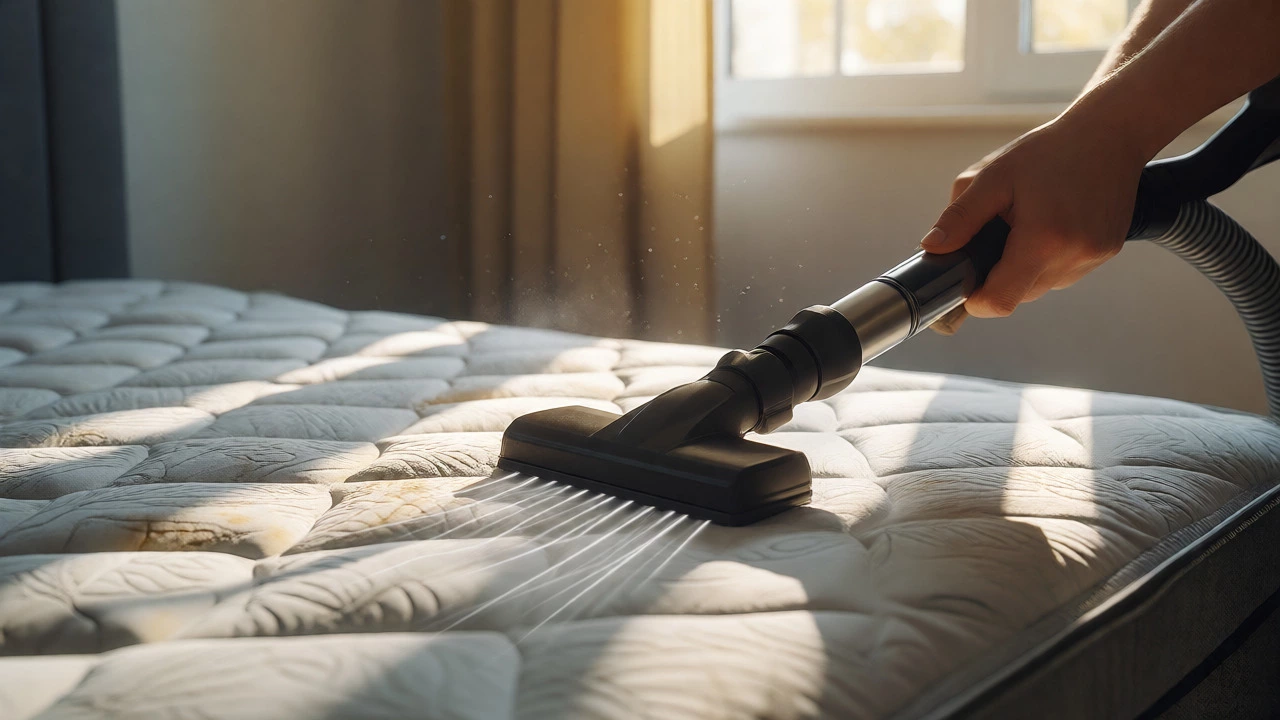 Vacuuming baking soda residue off a mattress with visible stain areas