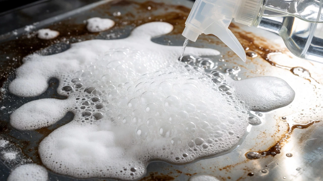 Vinegar spraying onto baking soda causing fizzing bubbles in oven