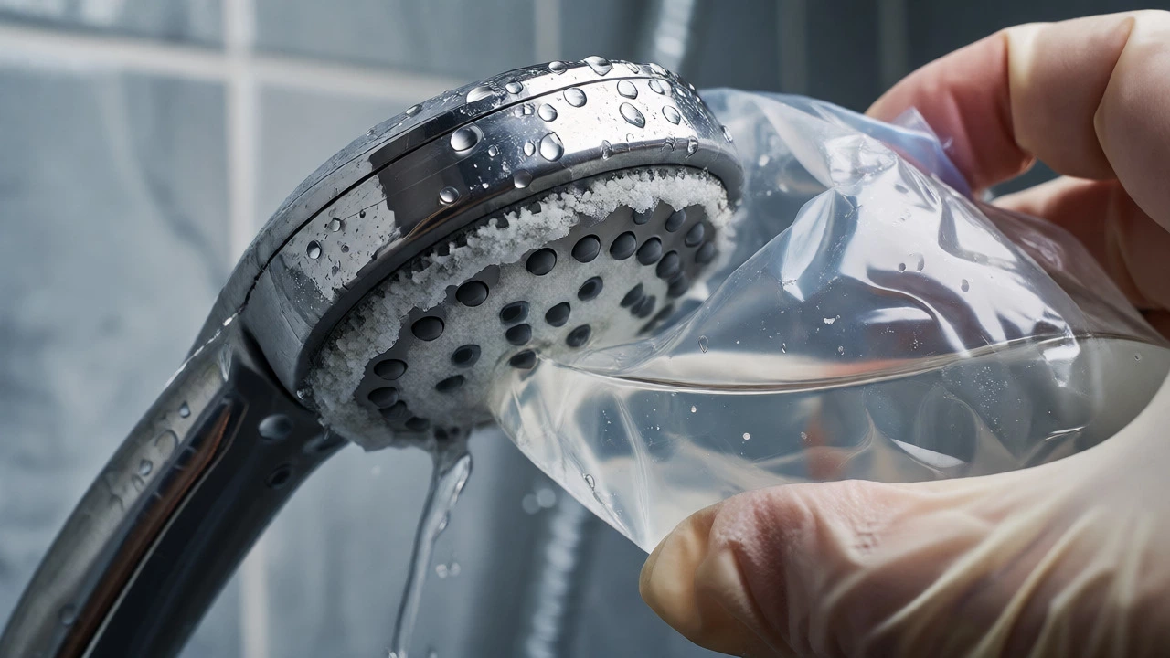 A showerhead covered in limescale being soaked in a bag of vinegar solution to remove minerals.