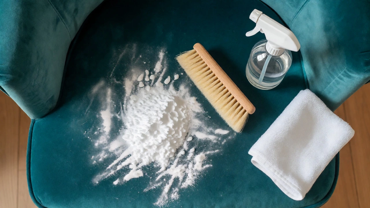 Baking soda sprinkled on a teal velvet chair next to a brush and cleaning supplies.